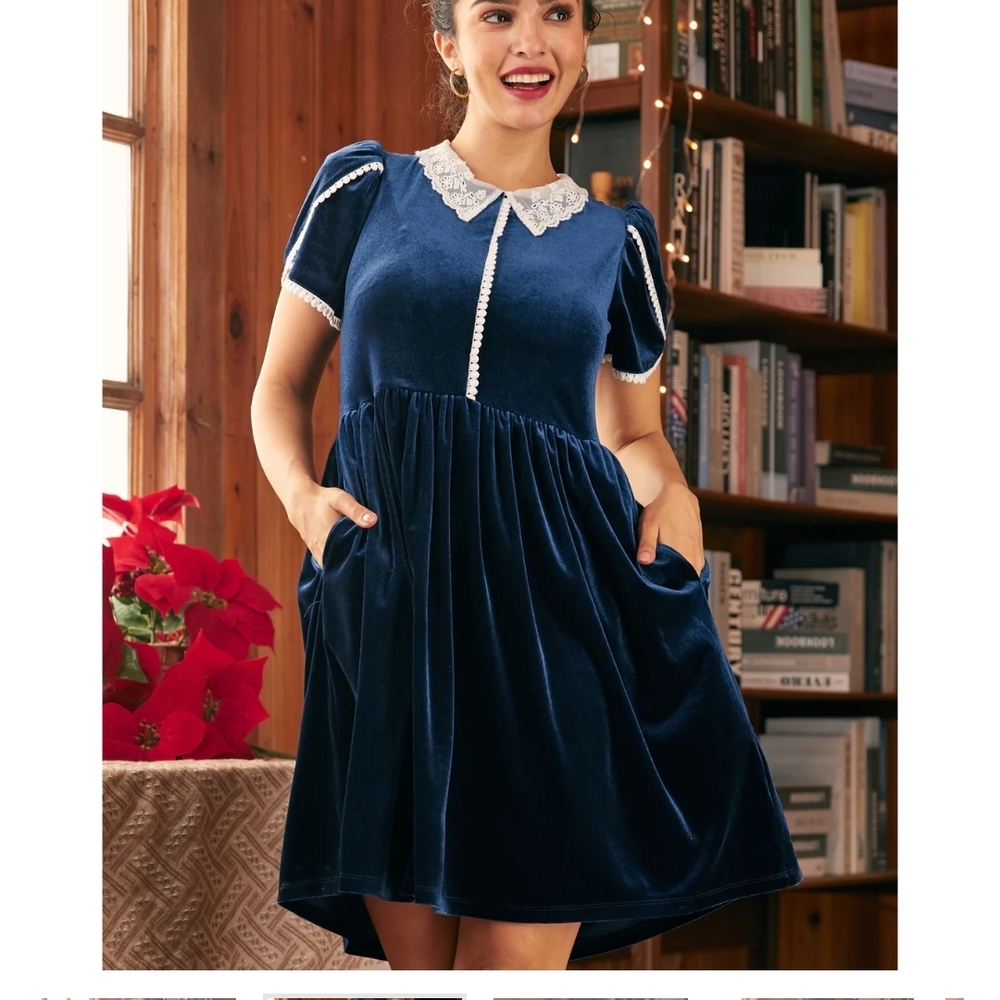 Elegant Navy Velvet Dress with Lace Collar